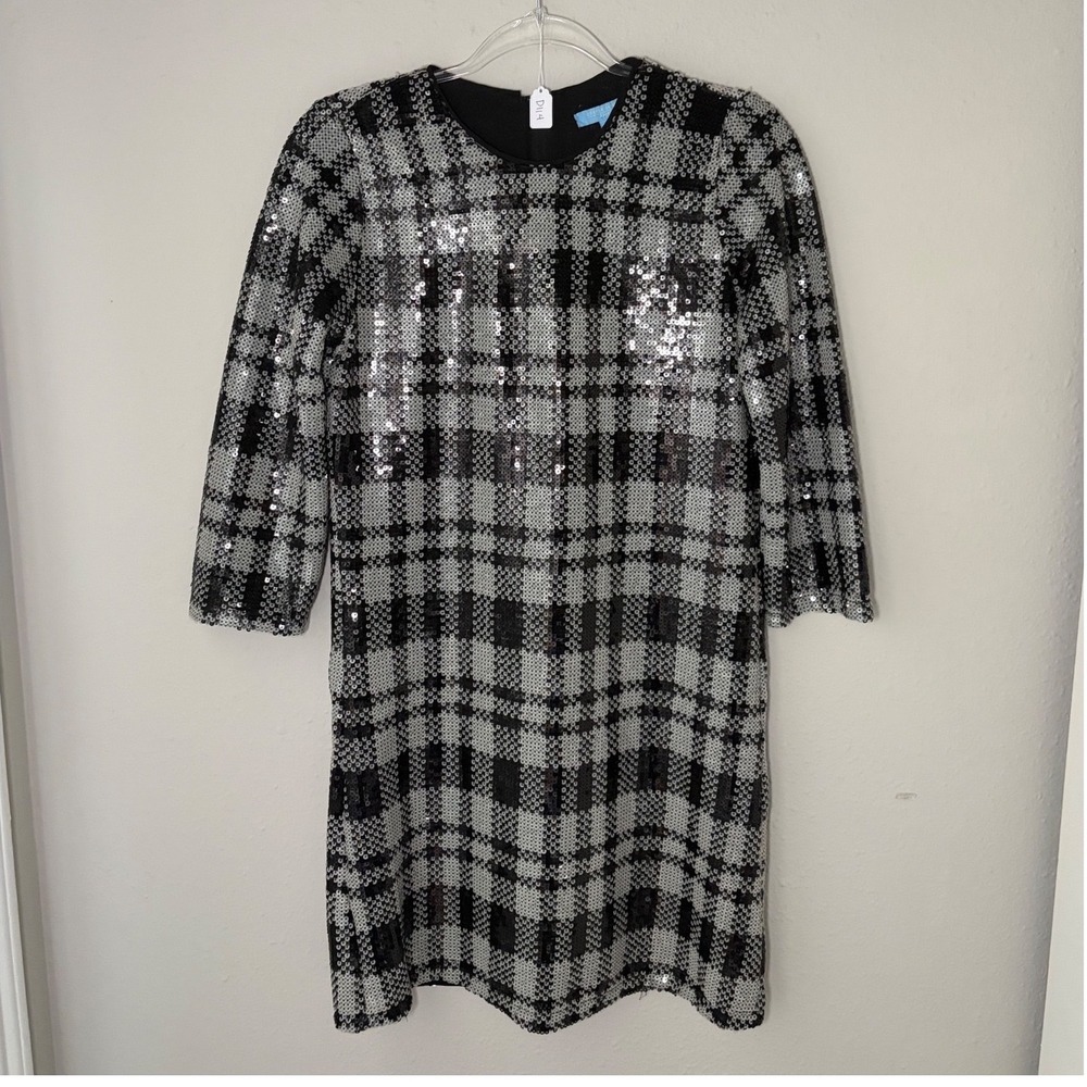 Draper James RSVP Black White Sequin Plaid Shift Dress 3/4 Sleeve Size 6